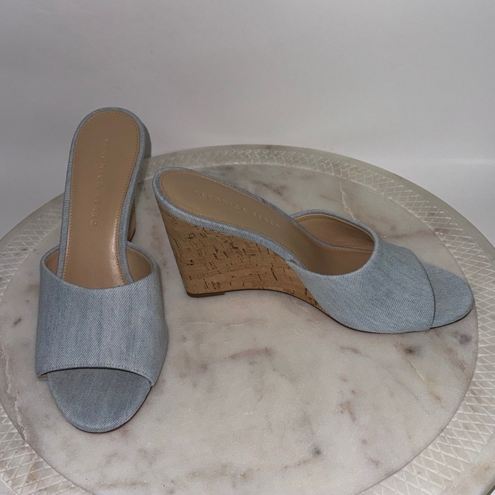 Veronica Beard Dali Denim Jean Blue 4 Inch Wedge Sandals Women's Size 9